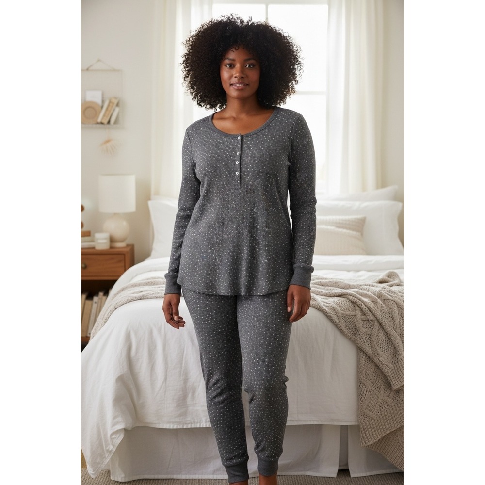 Jane & Bleecker Pajama Set Womens Large Gray Polka Dot Excellent Waffle Knit